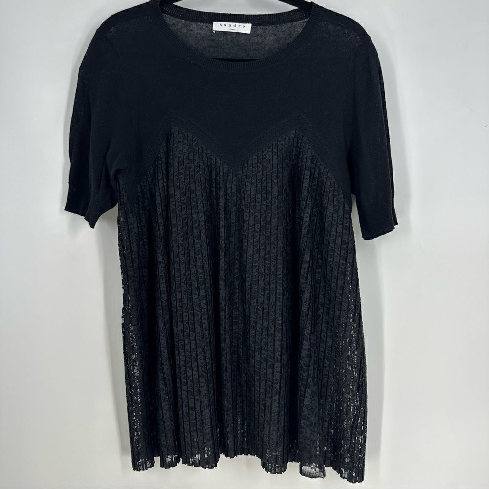 SANDRO Paris Black Linen Blend Lace Pleated Short Sleeve Top L